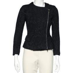 CH Carolina Herrera Navy Blue Floral Wool Jacquard Zip Front Jacket M