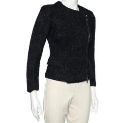 CH Carolina Herrera Navy Blue Floral Wool Jacquard Zip Front Jacket M