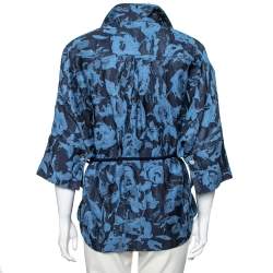 Pre Owned CH Carolina Herrera Blue Floral Embroidered Belted Top S