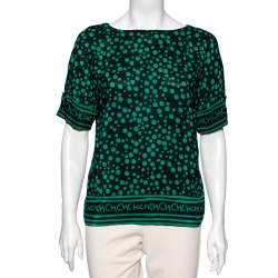 Pre Owned CH Carolina Herrera Black and Green Polka Dot Print Silk Top S