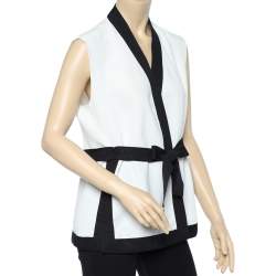 CH Carolina Herrera White Contrast Trim belted Sleeveless Shrug M