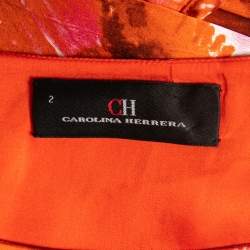 Pre Owned CH Carolina Herrera Red Printed Silk Side and Sleeve Slit Detailed Belted Dresses S