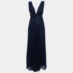 Pre Owned فستان ماكسي سي إتش كارولينا هيريرا دانتيل أزرق كحلي مورد بديرابيه مقاس صغير - سمول