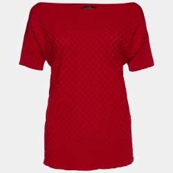 Pre Owned بلوزة سي إتش كارولينا هيريرا جاكار نمط كاروهات أحمر بأكتاف مائلة مقاس كبير ( لارج )