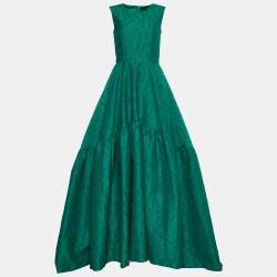 مملوكة مسبقًا CH Carolina Herrera Green Floral Jacquard Trail Detail Flared Gown S