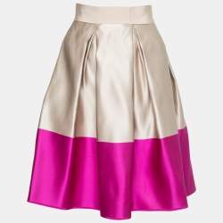 Pre Owned CH Carolina Herrera Gold & Pink Silk Satin Pleated Skirt M