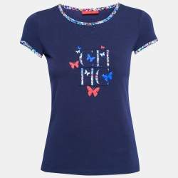 Pre Owned تي شيرت سي إتش كارولينا هيريرا قطن أزرق كحلي مطرز شعار ماركة مورد مقاس صغير جداً - إكس سمول