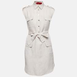 Pre Owned CH Carolina Herrera Beige Textured Linen Sleeveless Belted Mini Dress S