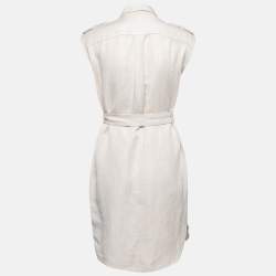 Pre Owned CH Carolina Herrera Beige Textured Linen Sleeveless Belted Mini Dress S