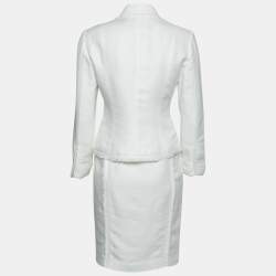 CH Carolina Herrera White Linen Frayed Edged Double Breasted Blazer & Skirt Set S