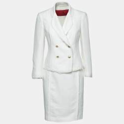 CH Carolina Herrera White Linen Frayed Edged Double Breasted Blazer & Skirt Set S