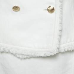 CH Carolina Herrera White Linen Frayed Edged Double Breasted Blazer & Skirt Set S