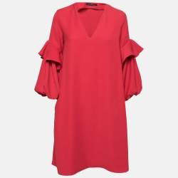 مملوكة مسبقًا CH Carolina Herrera Red Crepe Ruffle Bishop Sleeve Dress S