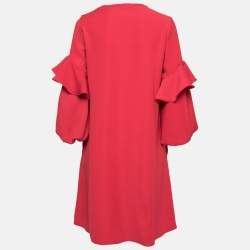 Pre Owned CH Carolina Herrera Red Crepe Ruffle Bishop Sleeve Dress S