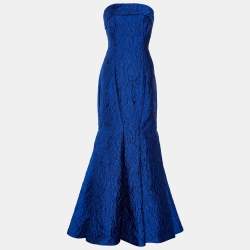 CH Carolina Herrera Blue Jacquard Strapless Flared Gown M