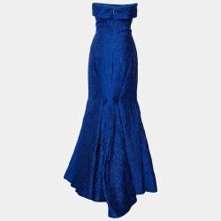 CH Carolina Herrera Blue Jacquard Strapless Flared Gown M