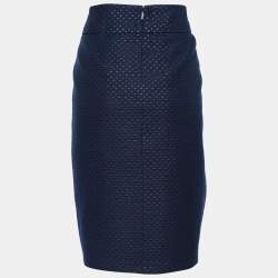 Pre Owned CH Carolina Herrera Navy Blue Dot Pattern Wool Blend Pleated Skirt L