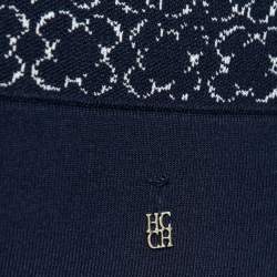 Pre Owned CH Carolina Herrera Navy Blue Patterned Jacquard Knit Short Sleeve Top M