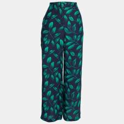 مملوكة مسبقًا CH Carolina Herrera Navy Blue Leaf Printed Silk Wide Leg Trousers M Waist 31"