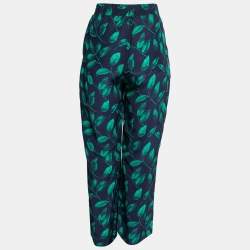 مملوكة مسبقًا CH Carolina Herrera Navy Blue Leaf Printed Silk Wide Leg Trousers M Waist 31"
