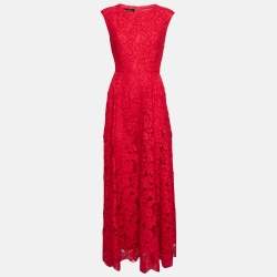 مملوكة مسبقًا CH Carolina Herrera Red Floral Lace Sleeveless Maxi Dress L