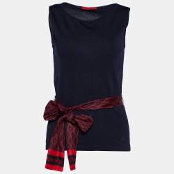Pre Owned CH Carolina Herrera Navy Blue Knit Belted Sleeveless Top S