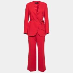 Pre Owned CH Carolina Herrera Red Crepe Belted Suit S/M