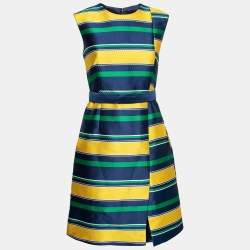 Pre Owned CH Carolina Herrera Multicolor Striped Satin Sleeveless Belted Dress S