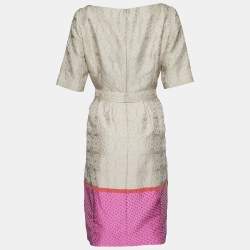 Pre Owned CH Carolina Herrera Cream Jacquard Contrast Detail Belted Midi Dress L