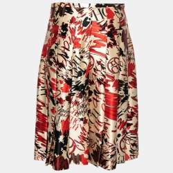 مملوكة مسبقًا CH Carolina Herrera Cream Printed Silk-Satin Pleated Skirt M   