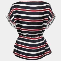 Pre Owned CH Carolina Herrera Blue & Red Striped Silk Belted Top XS
