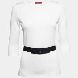 مملوكة مسبقًا CH Carolina Herrera White Knit Belt Detail Round Neck Top S