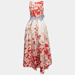 Pre Owned CH Carolina Herrera Ivory & Red Floral Print Silk Sleeveless Gown L
