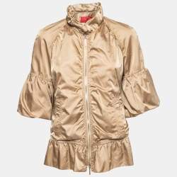 Pre Owned CH Carolina Herrera Gold Synthetic Cropped-Sleeve Zip Front Jacket M