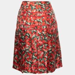 CH Carolina Herrera Red Strawberry Printed Silk A-Line Skirt S