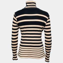 Pre Owned CH Carolina Herrera Navy Blue & Beige Striped Knit Turtleneck Top M