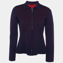 CH Carolina Herrera Navy Blue Jacquard Knit Zip Front Jacket S