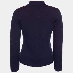 CH Carolina Herrera Navy Blue Jacquard Knit Zip Front Jacket S