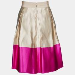 Pre Owned CH Carolina Herrera Beige & Pink Silk Satin Pleated Midi Skirt S