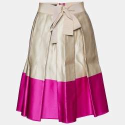 Pre Owned CH Carolina Herrera Beige & Pink Silk Satin Pleated Midi Skirt S