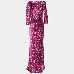Pre Owned CH Carolina Herrera Printed Long Sleeve Belted Maxi Dress M