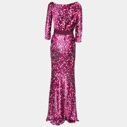 Pre Owned CH Carolina Herrera Printed Long Sleeve Belted Maxi Dress M