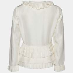 Pre Owned CH Carolina Herrera Cream Silk Pleated Ruffle Detail Top S