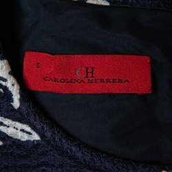Pre Owned CH Carolina Herrera Navy Blue Floral Printed Jacquard Bow Detail Knee Length Dress M