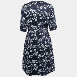 Pre Owned CH Carolina Herrera Navy Blue Floral Printed Jacquard Bow Detail Knee Length Dress M