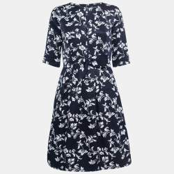 Pre Owned CH Carolina Herrera Navy Blue Floral Printed Jacquard Bow Detail Knee Length Dress M