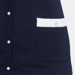 Pre Owned CH Carolina Herrera White/Navy Blue Knit Buttoned Cardigan XXS