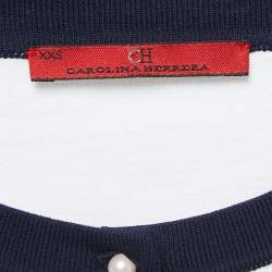 Pre Owned CH Carolina Herrera White/Navy Blue Knit Buttoned Cardigan XXS