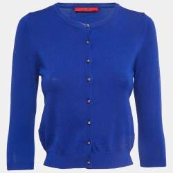 Pre Owned CH Carolina Herrera Blue Knit Buttoned 3/4 Sleeve Cardigan XS