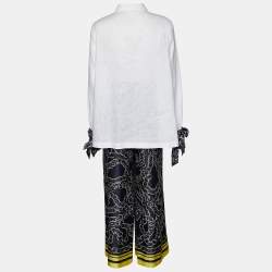 CH Carolina Herrera White Linen Shirt & Printed Satin Palazzo Pants Set M